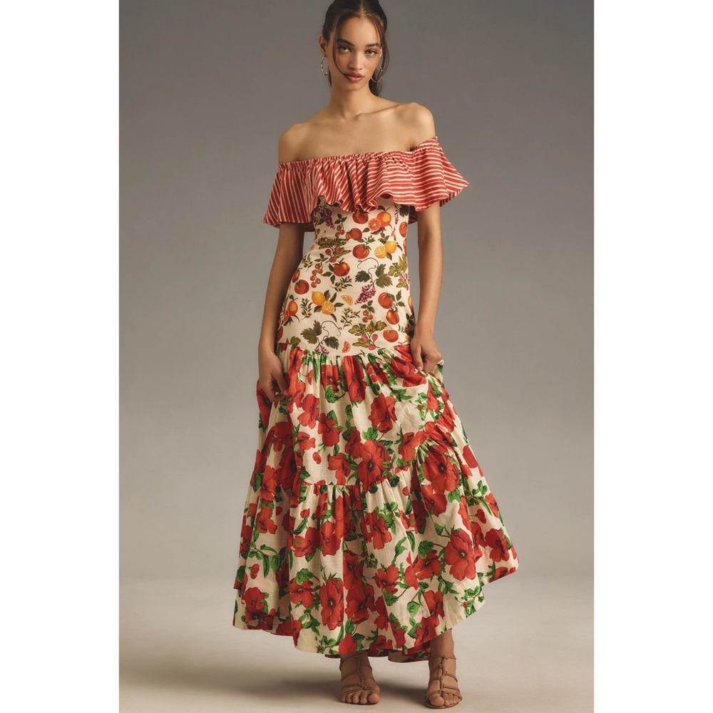 Maeve Off-the-Shoulder Mixed-Print Midi Dress